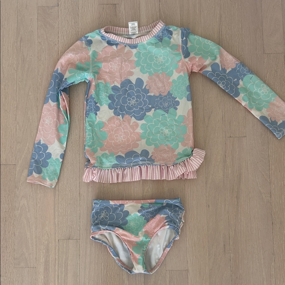 Ruffle Butts Floral Kids Swim Rashguard - Pink, Blue, Green
